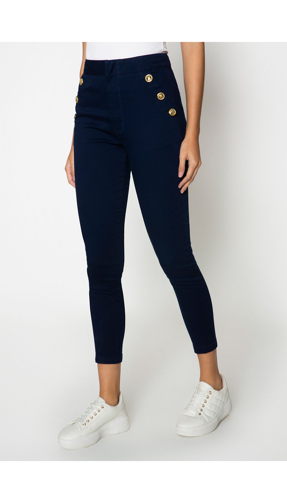 Jeans skinny tiro alto con botones al co