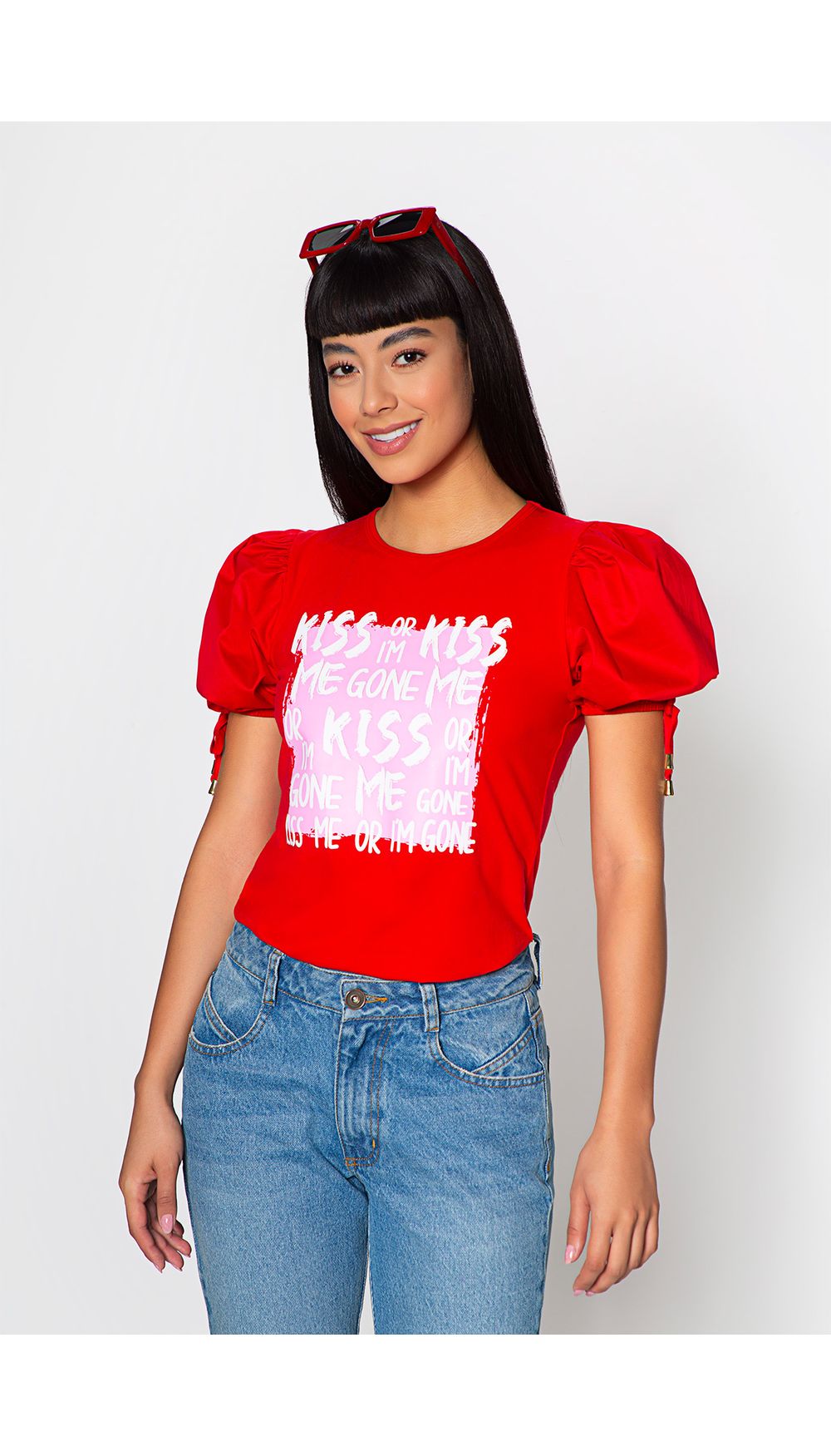 Blusa manga corta con ruche y estampado
