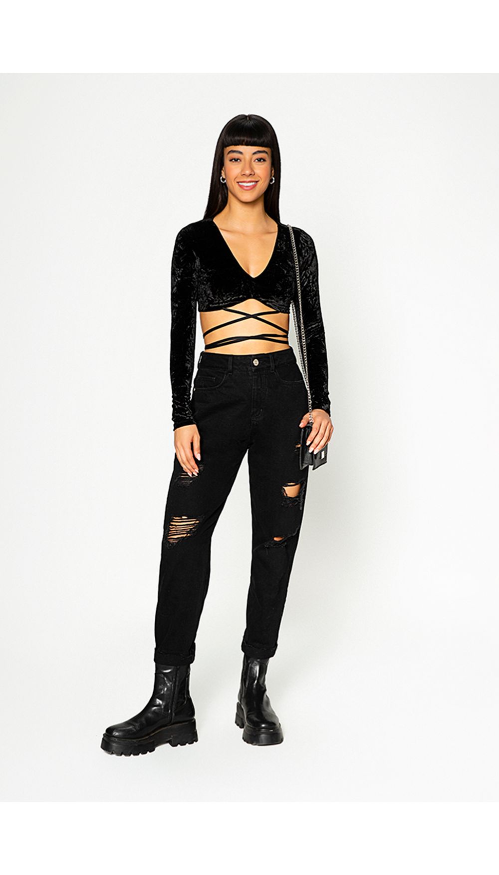 Blusa  crop manga tres cuartos con tira