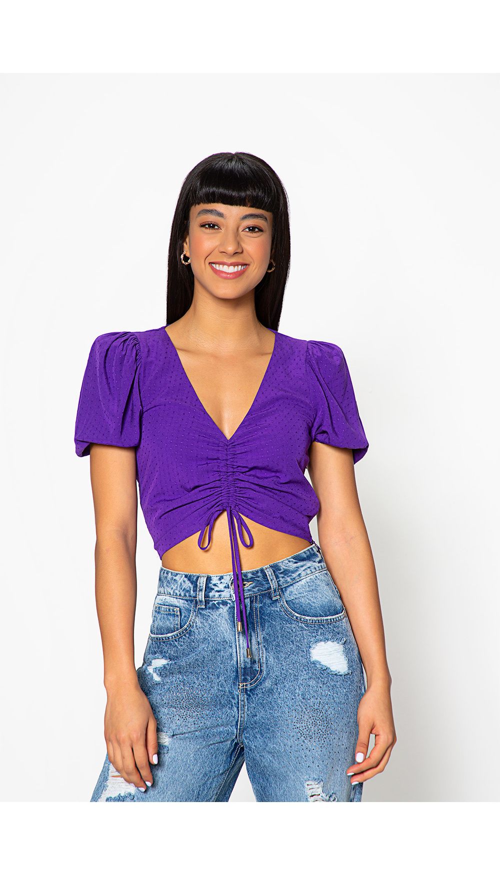 Blusa crop con manga puff y canal ruche