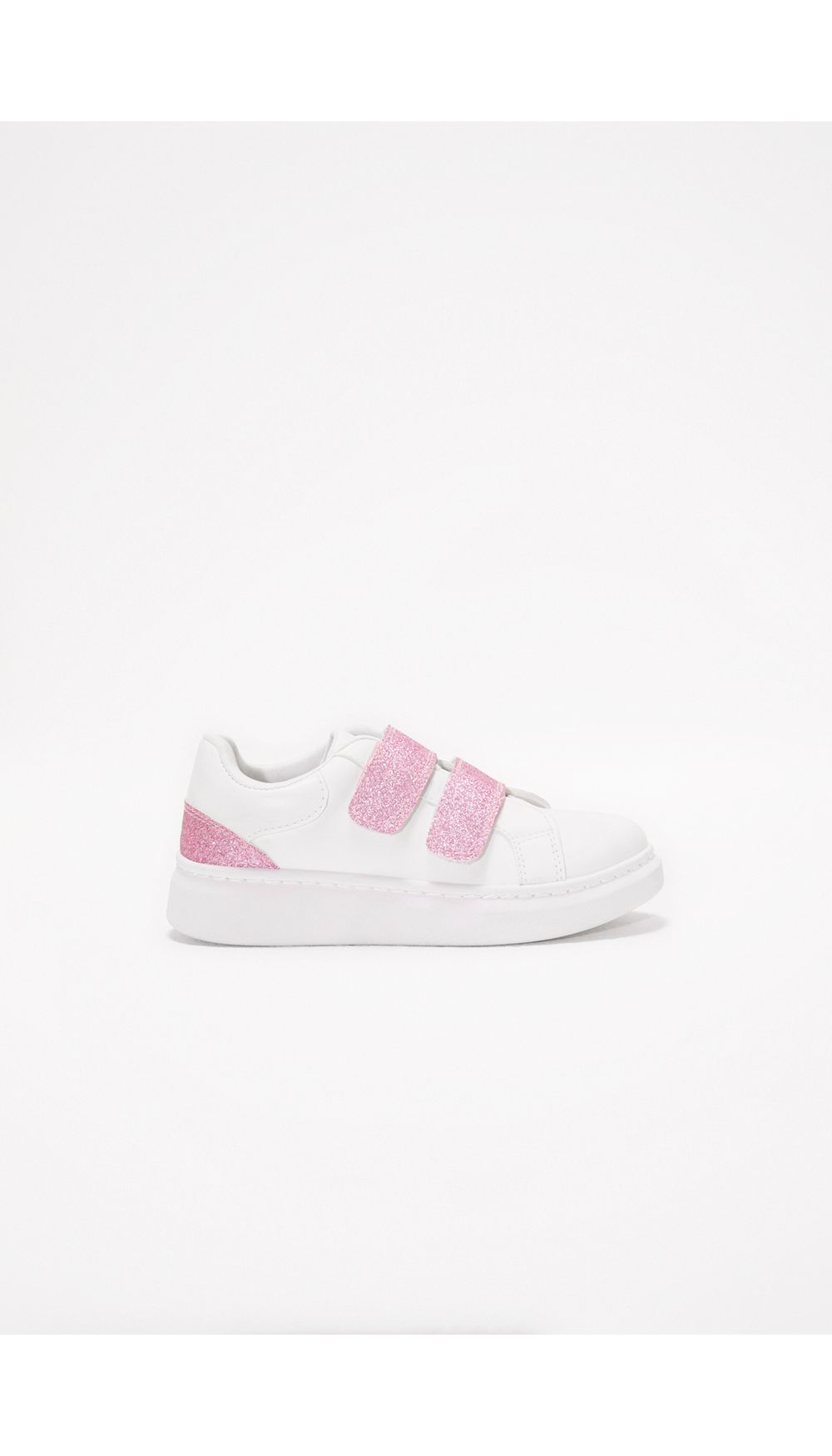 Tenis blancos con velcro y glitter rosa