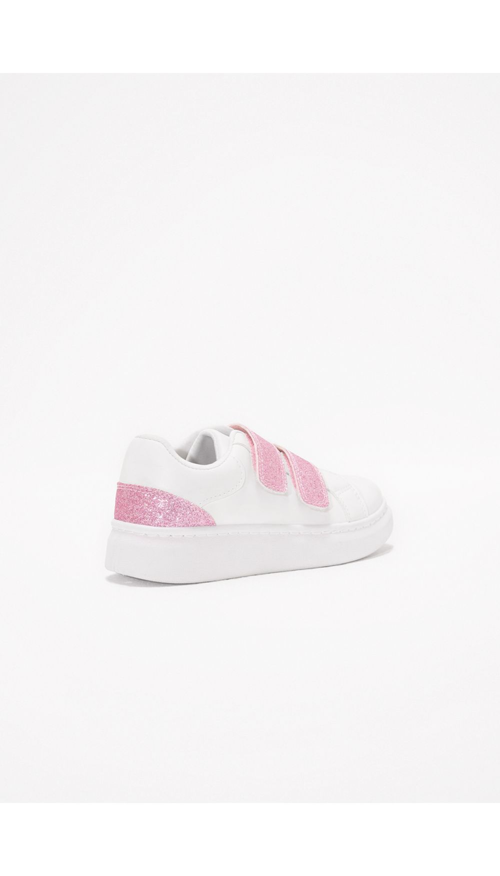 Tenis blancos con velcro y glitter rosa