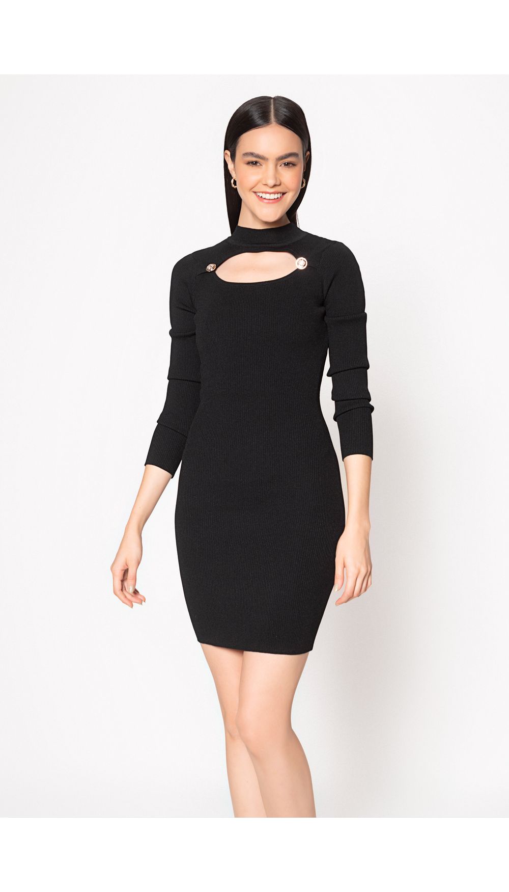 Vestido en punto cuello alto, manga larg