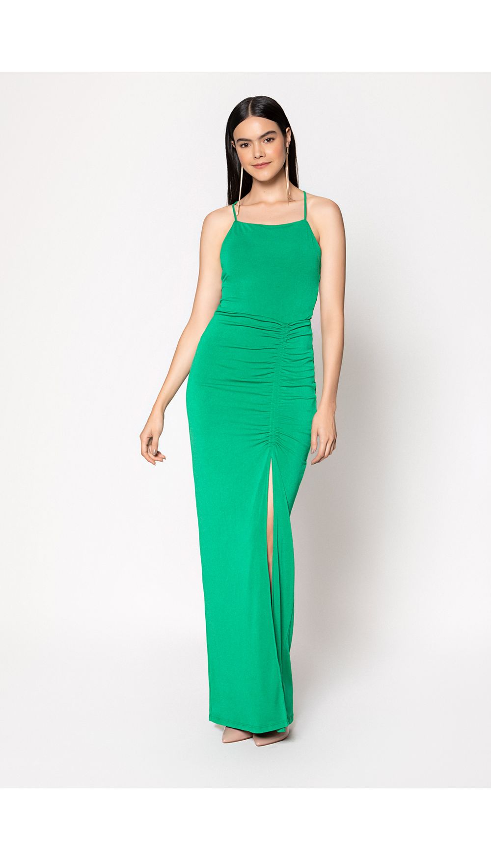 Vestido largo con ruche en frente