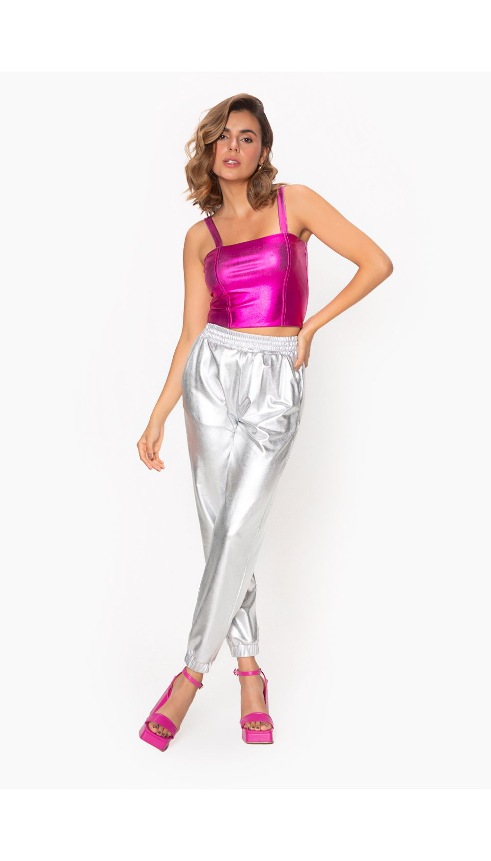 Pantalon jogger metalizado para mujer
