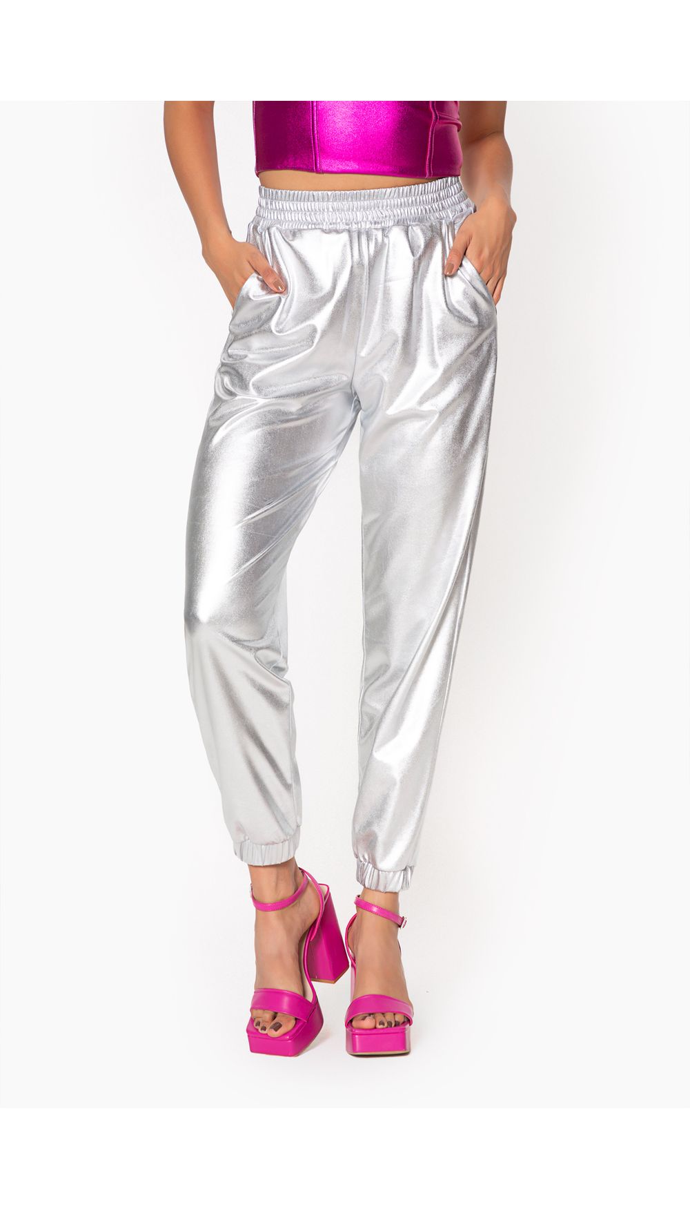 Pantalon jogger metalizado para mujer