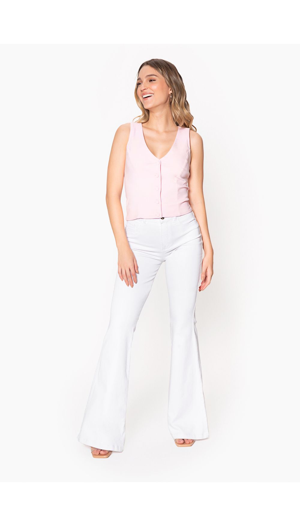 Jean bota campana tiro alto blanco basic