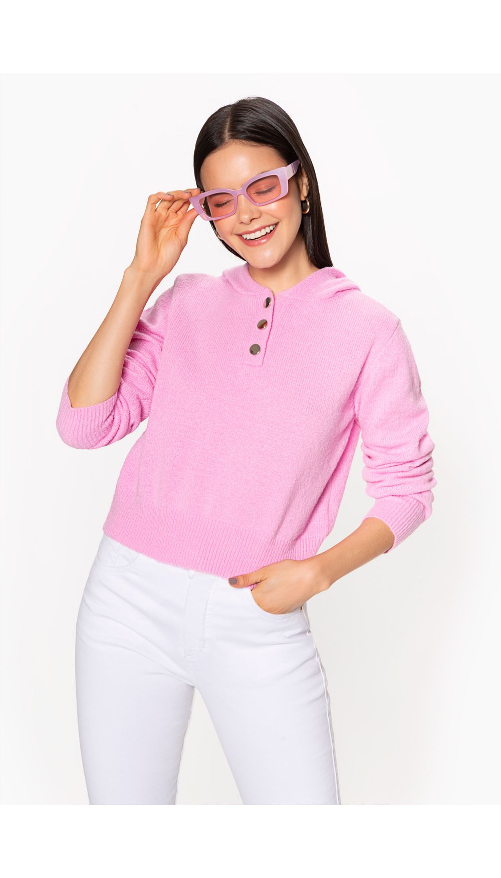 Buzo tejido para mujer con capucha y bot