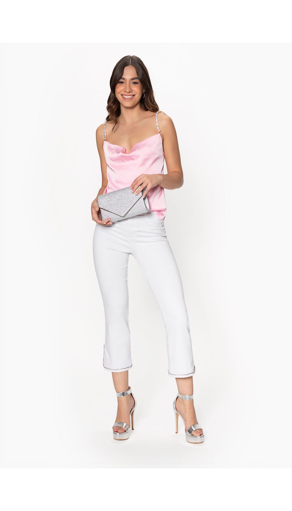Jean tiro alto capri para mujer