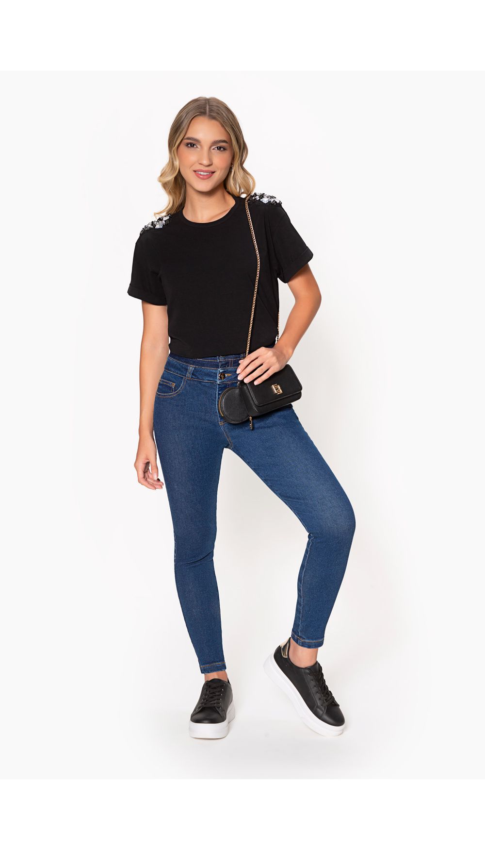 Jean dama  tiro alto skinny doble pretin