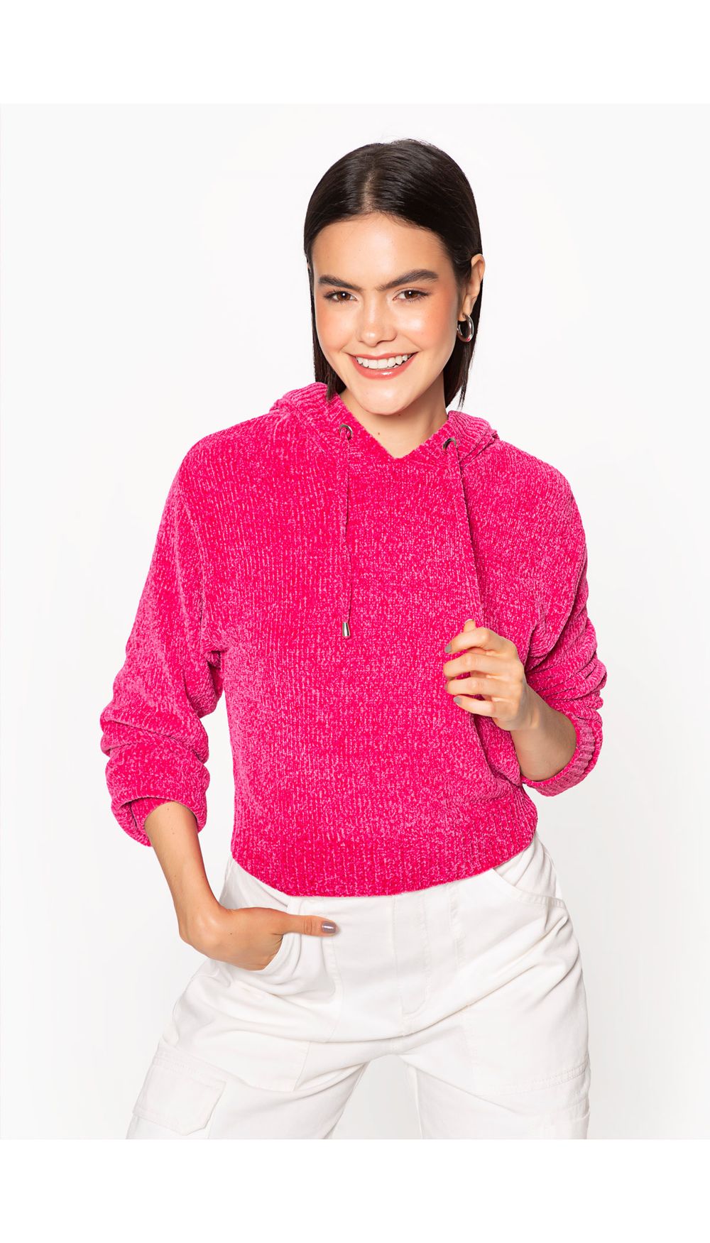 Buzo tejido chenille con capucha para mu
