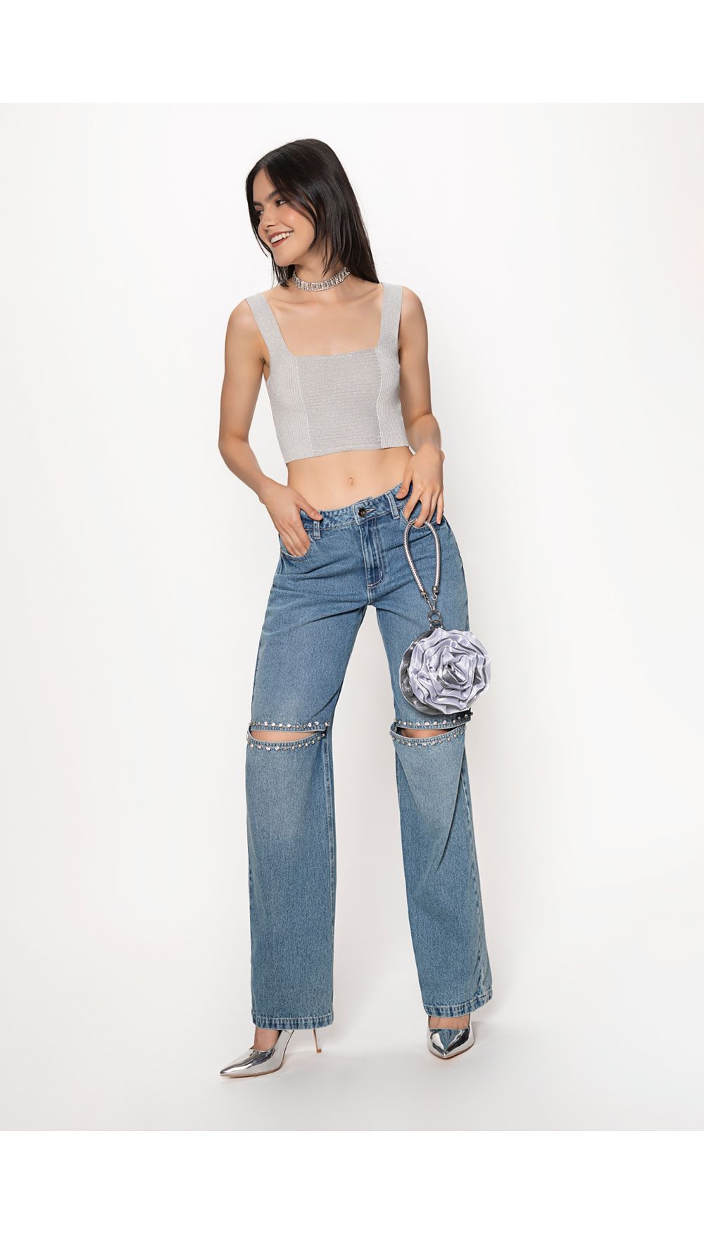 Blusa de tiras tejida con lurex para muj