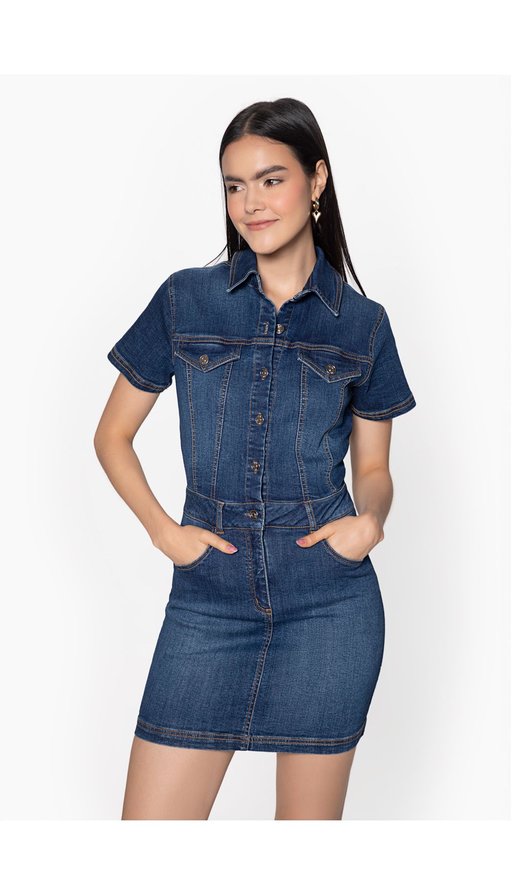 Vestido dama en denim corto con costuras