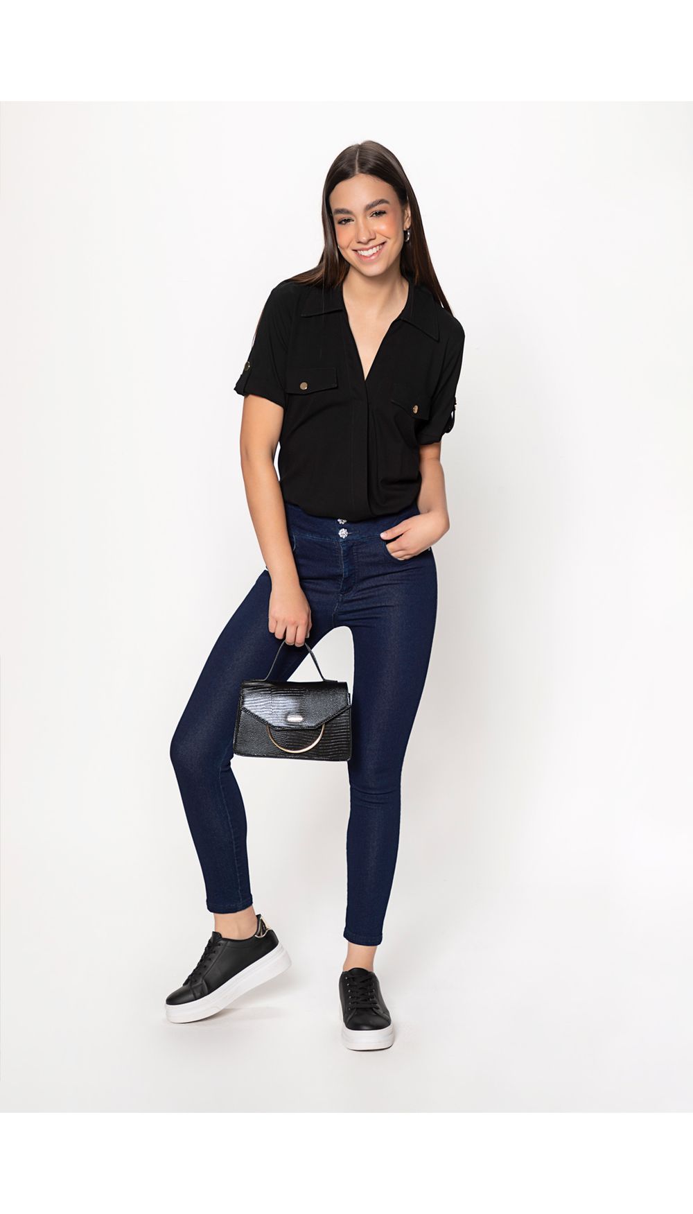 Jean dama tiro alto skinny pretina ancha