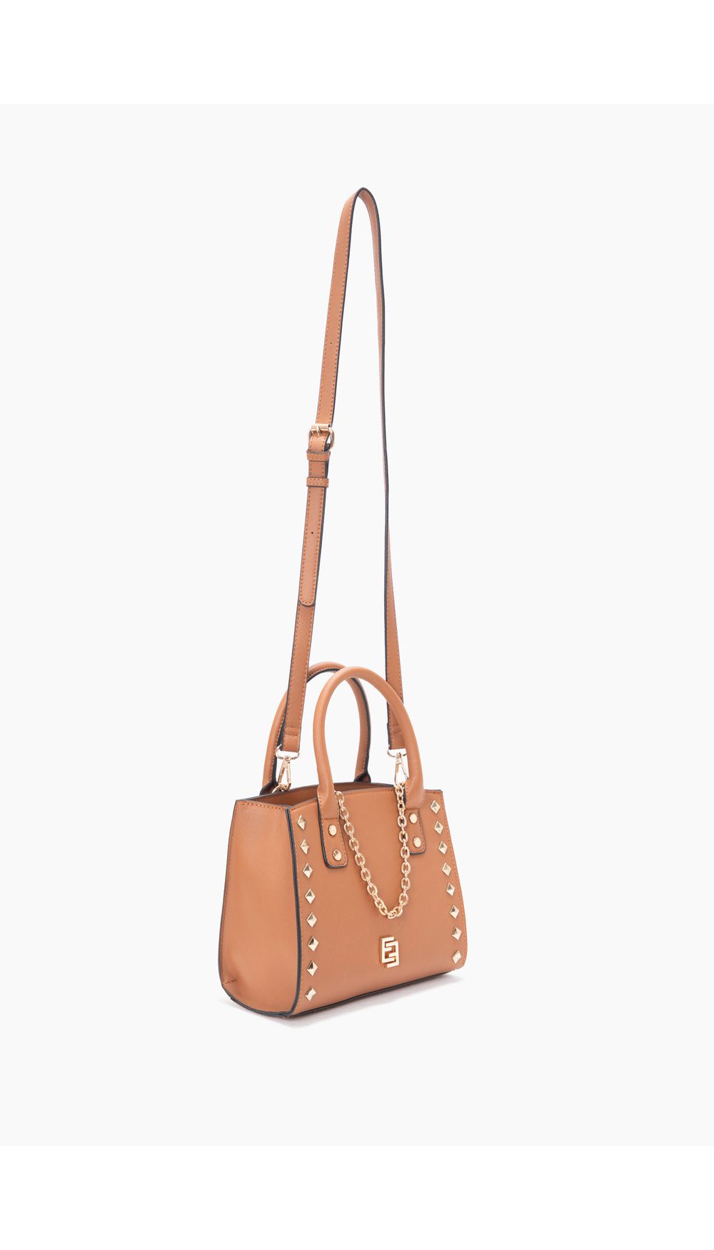 Bolso de mano con taches y logo frontal