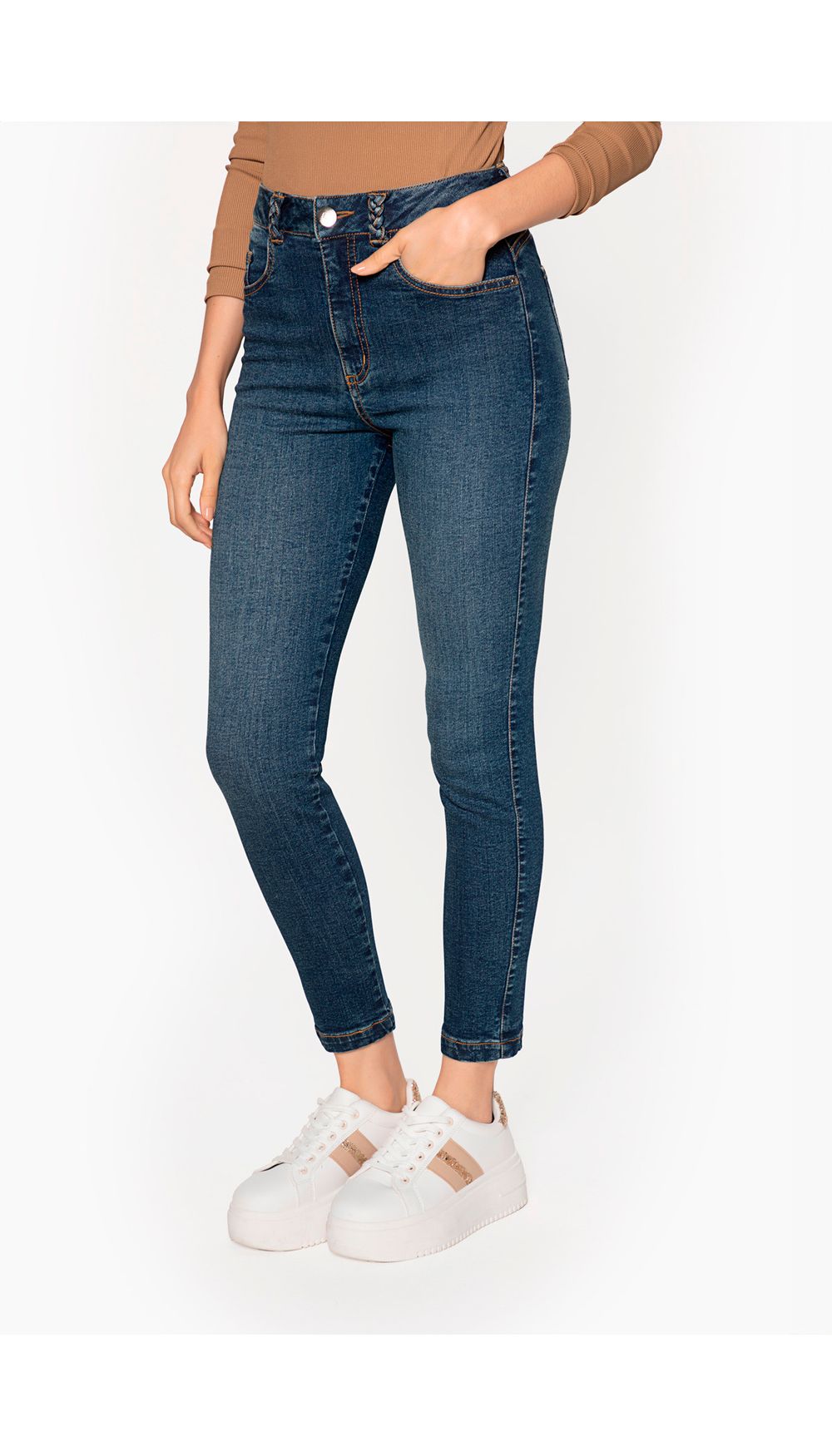 Jean dama tiro alto skinny con detalle e