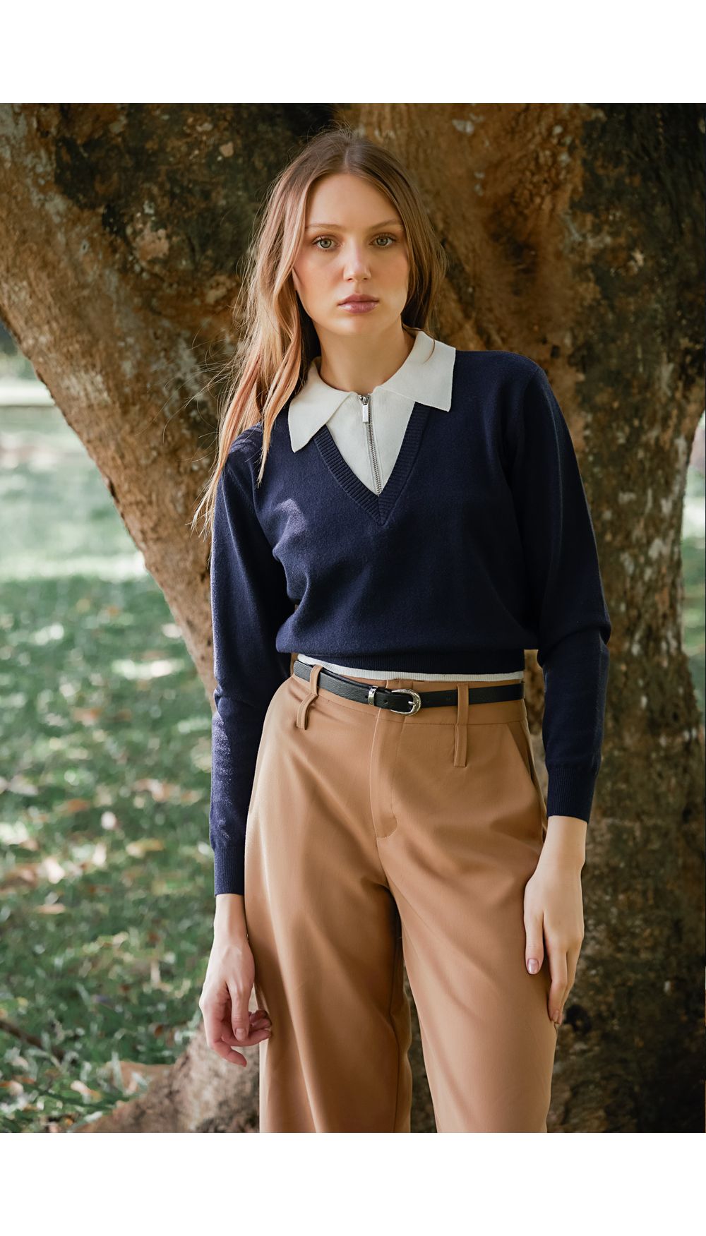 Buzo tejido con cuello polo para mujer