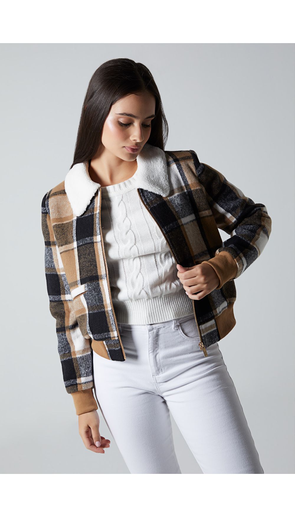 Chaqueta manga larga en cuadros para muj