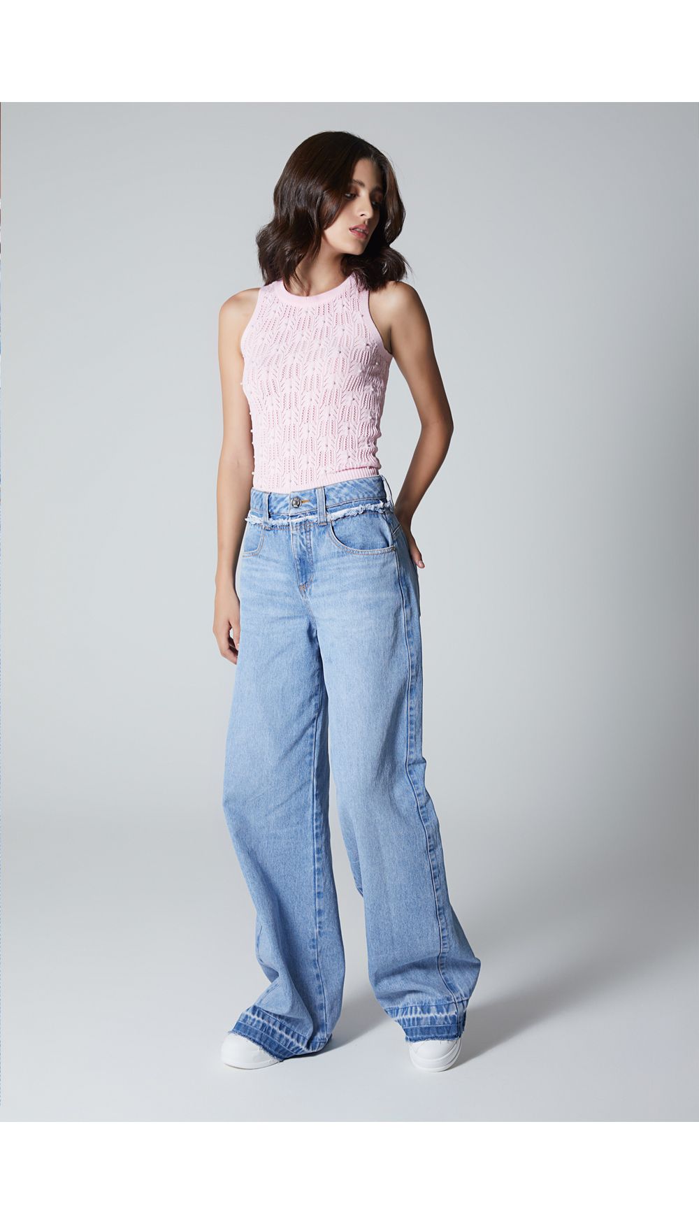 Blusa tejida con perlas manga sisa para