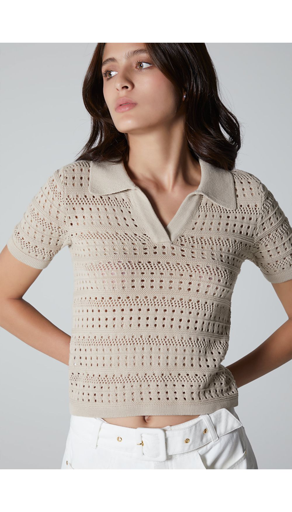 Blusa manga corta con tejido open knit p