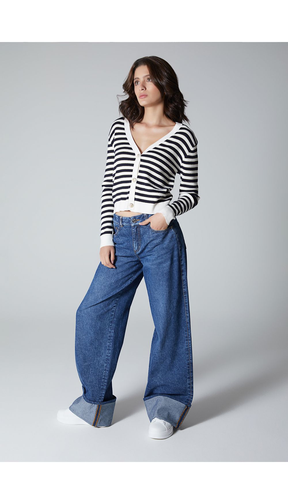 Sobretodo tipo cardigan tejido con rayas y lurex para mujer