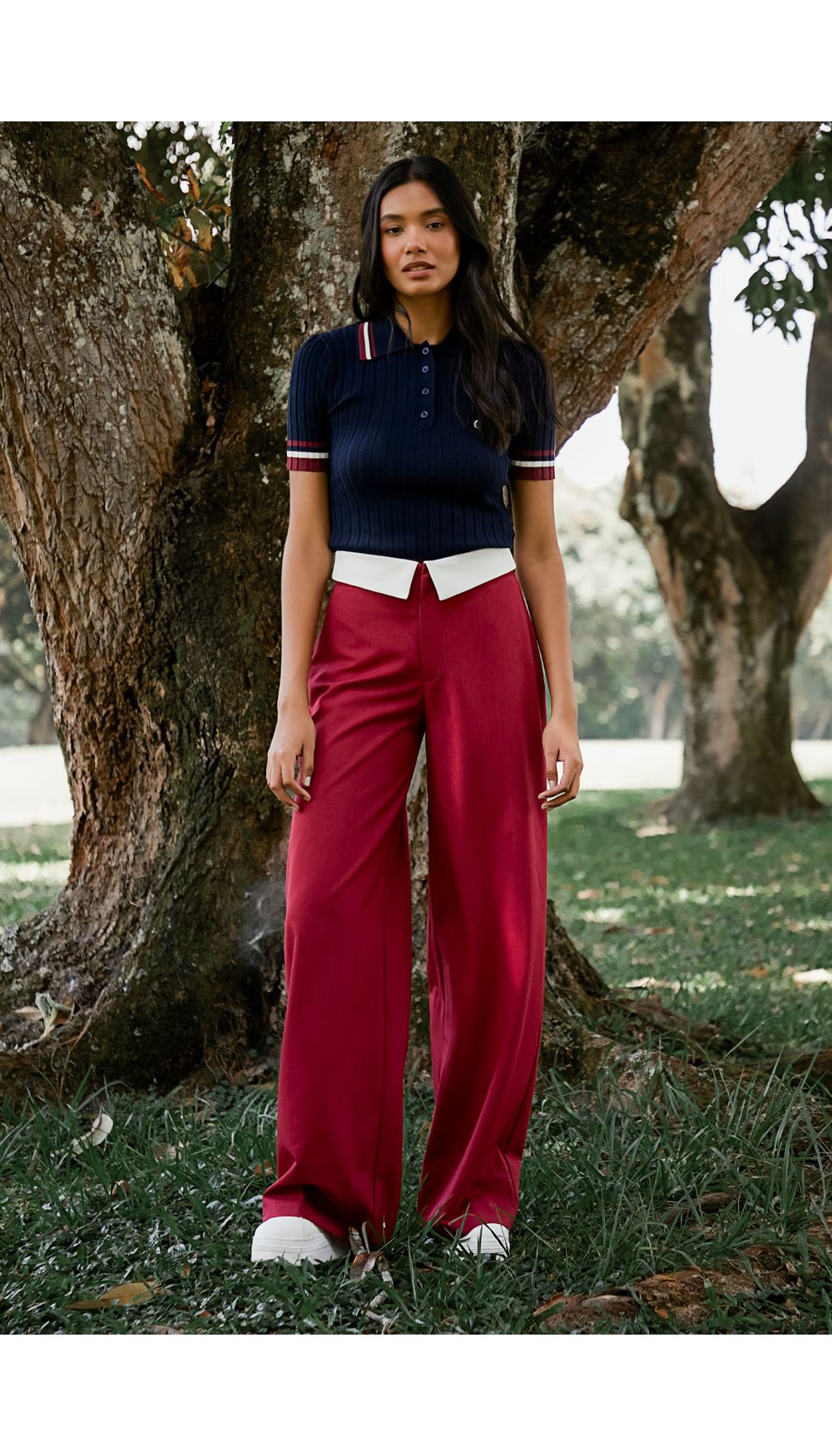 Blusa manga corta tipo polo tejido para mujer