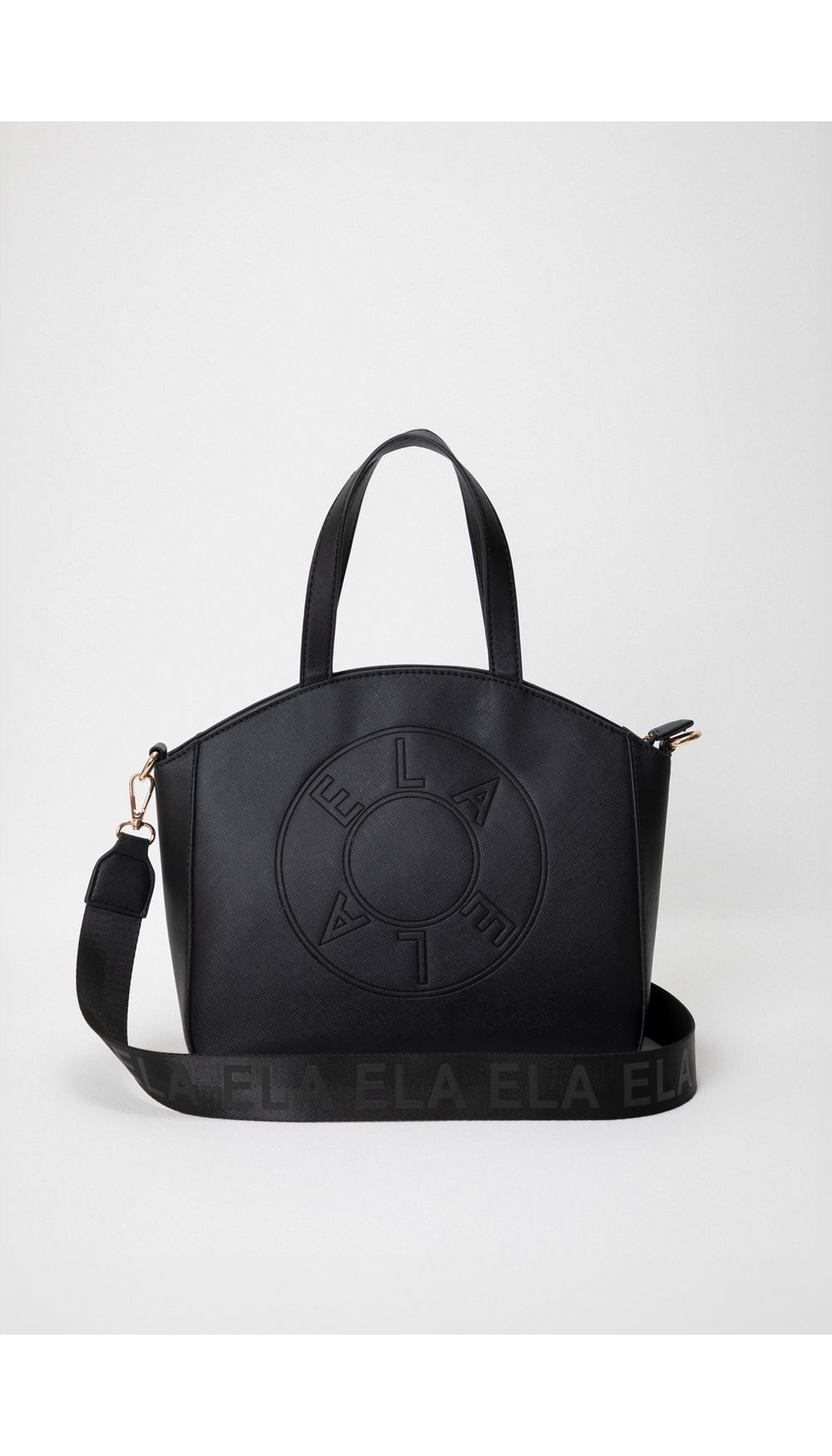 Bolso de mano con texto circular en frontal