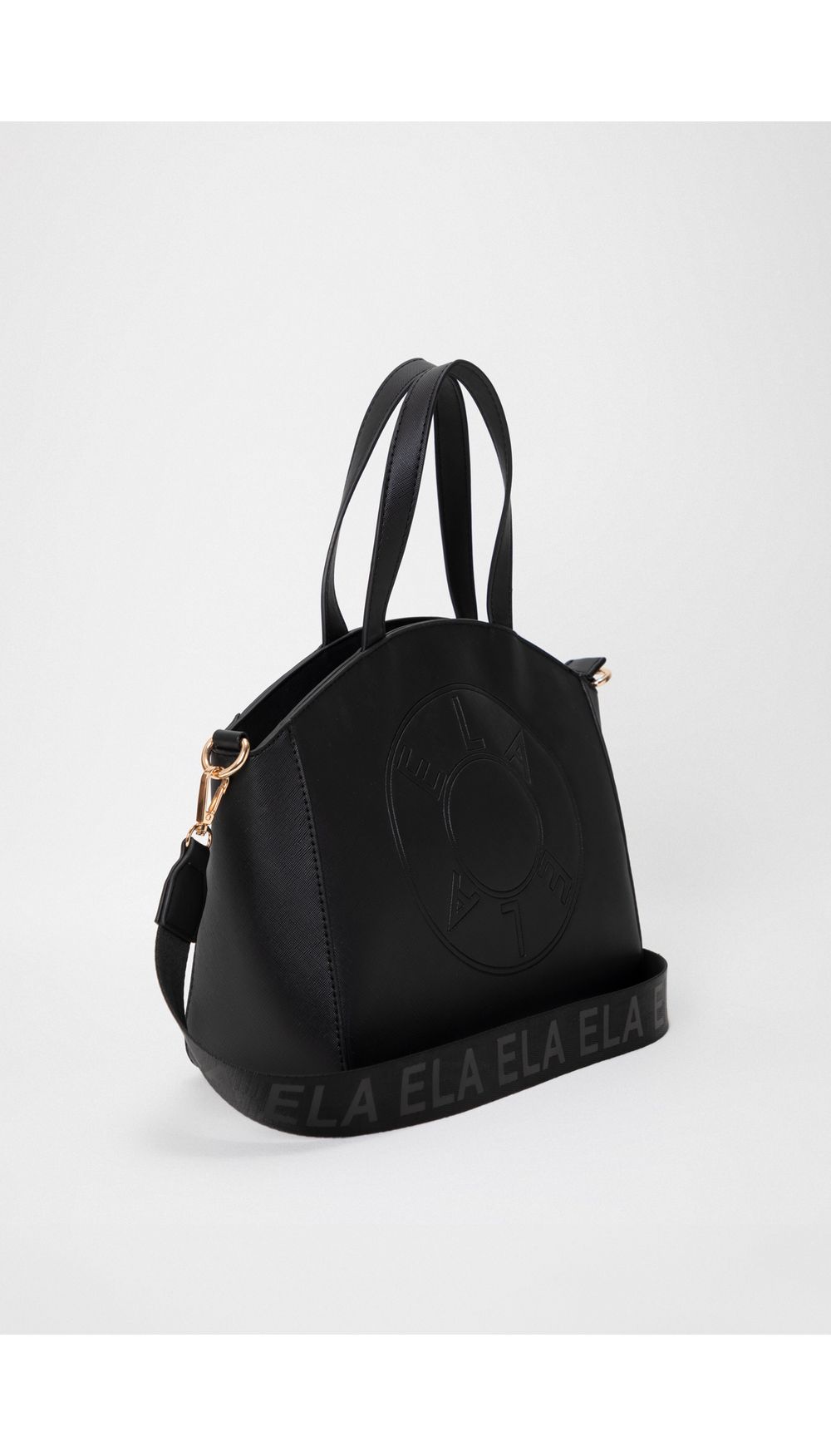 Bolso de mano con texto circular en frontal