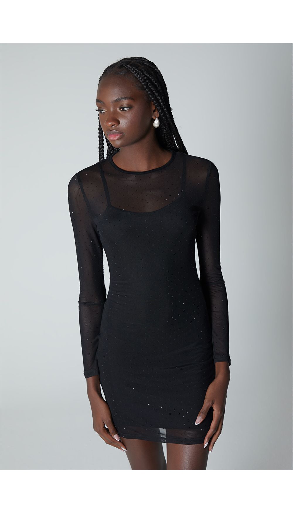 Vestido manga larga en mesh con hotfix para mujer