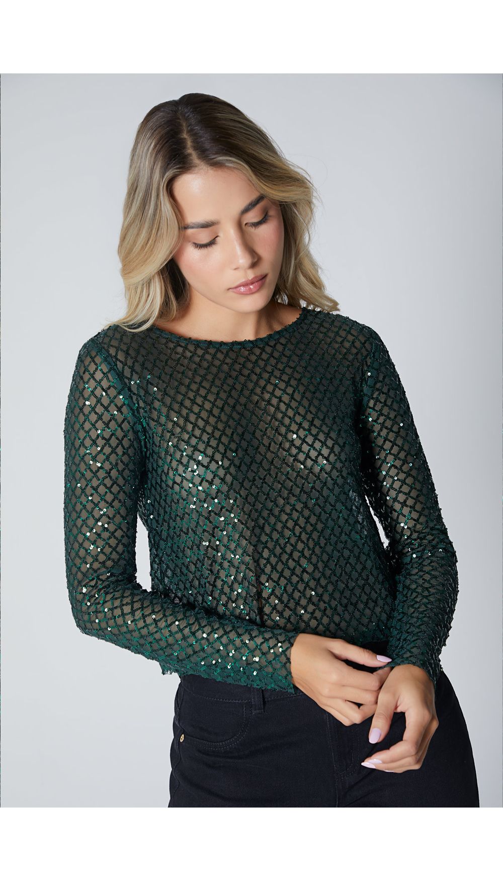 Blusa manga larga en lentejuelas para mujer