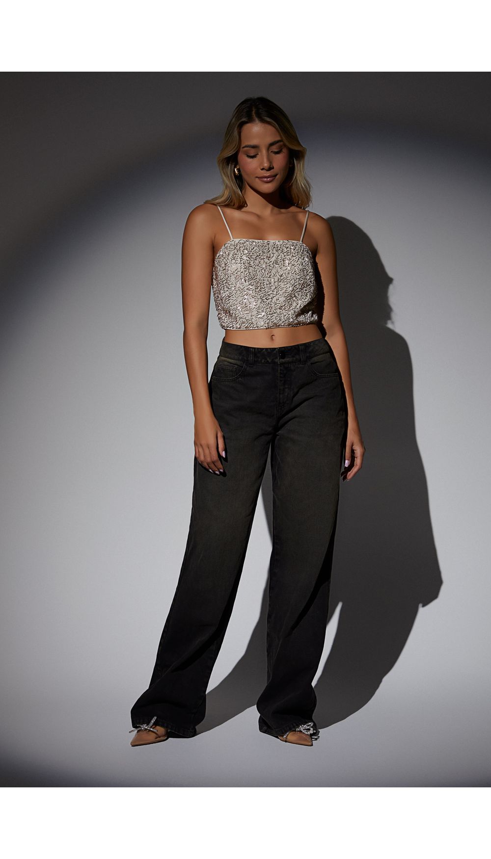 Blusa crop de tiras con lentejuela para mujer