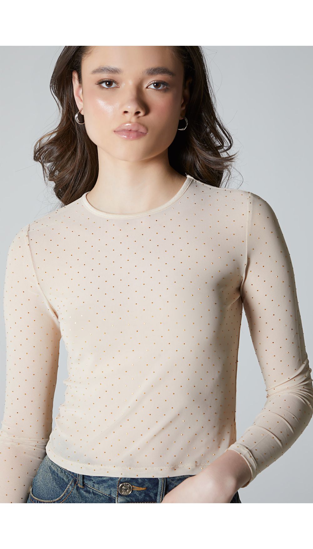 Blusa manga en mesh larga de hotfix para