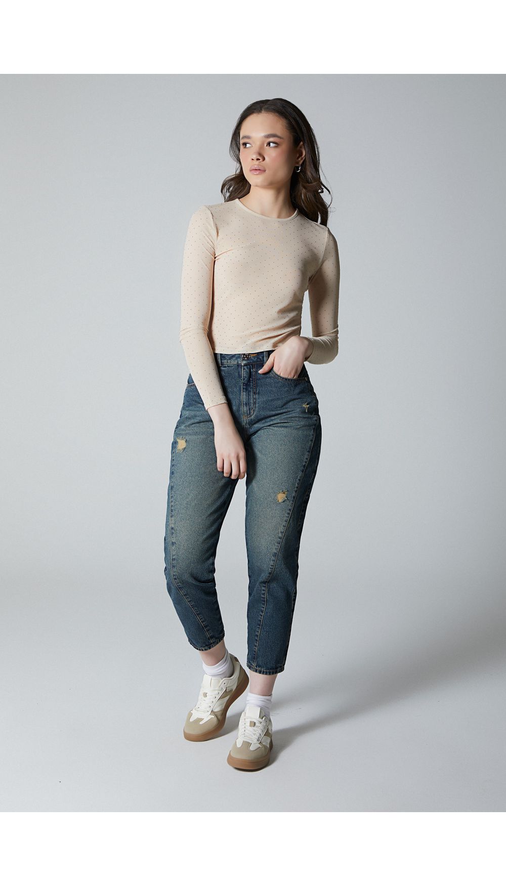 Blusa manga en mesh larga de hotfix para mujer