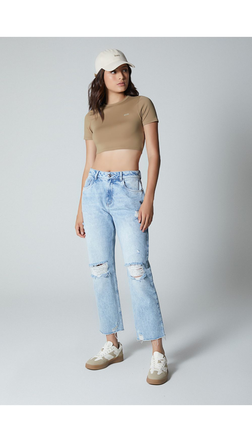 Jean mom fit tiro alto para mujer con rotos