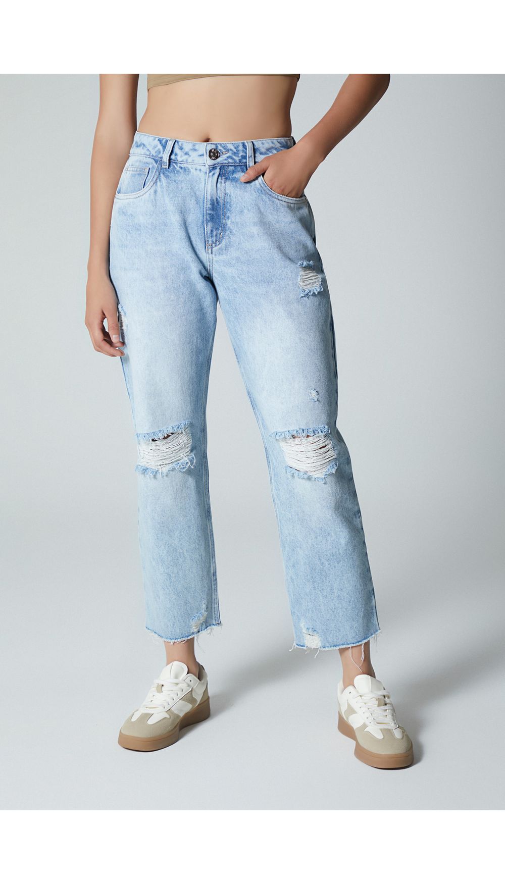 Jean mom fit tiro alto para mujer con rotos