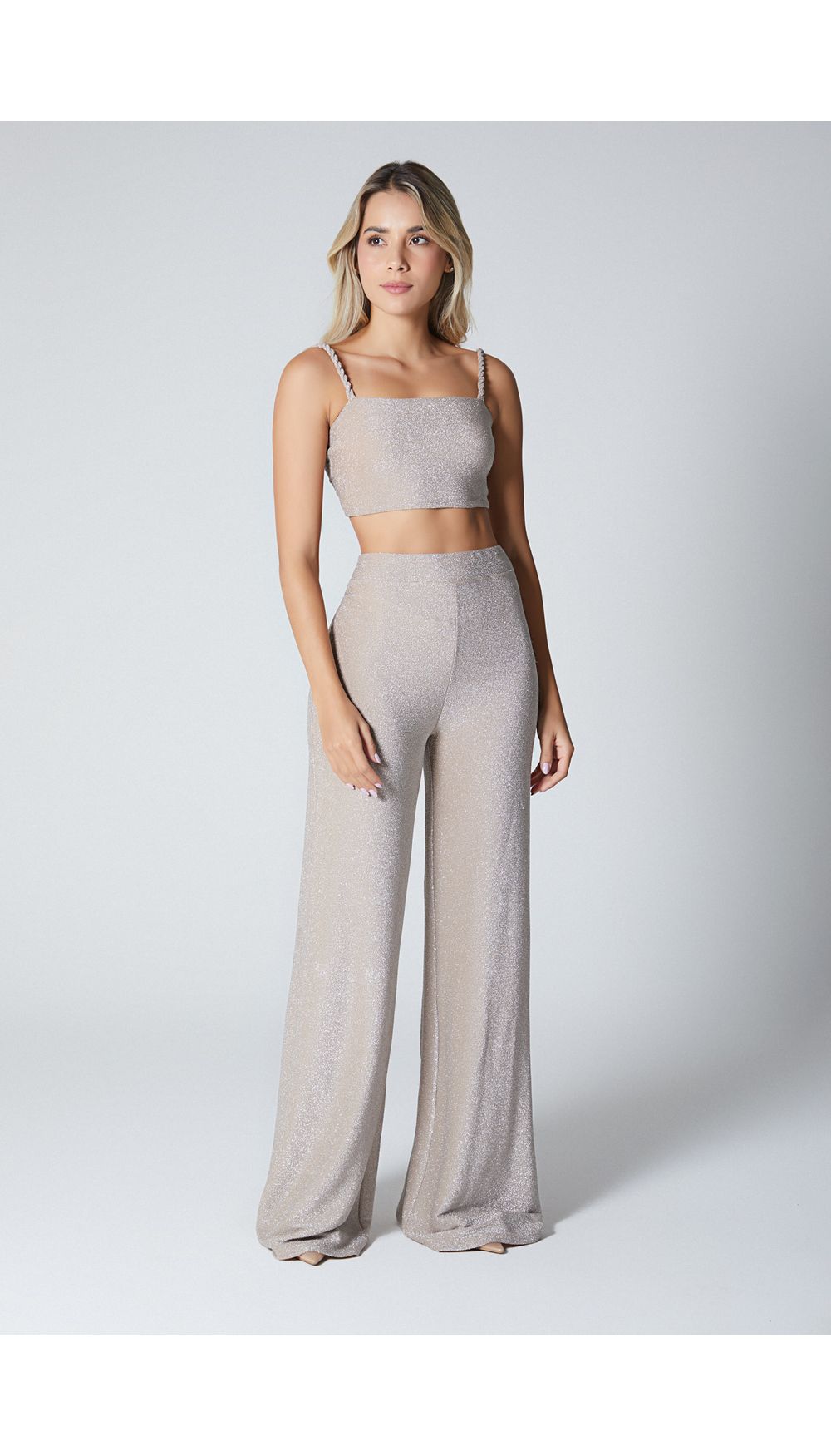 Conjunto pantalon palazzo y blusa crop top para mujer