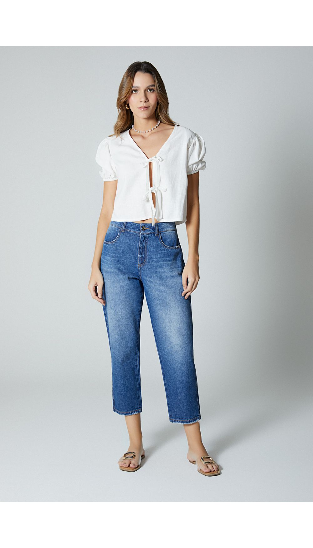 Blusa manga corta con anudado en frente para mujer