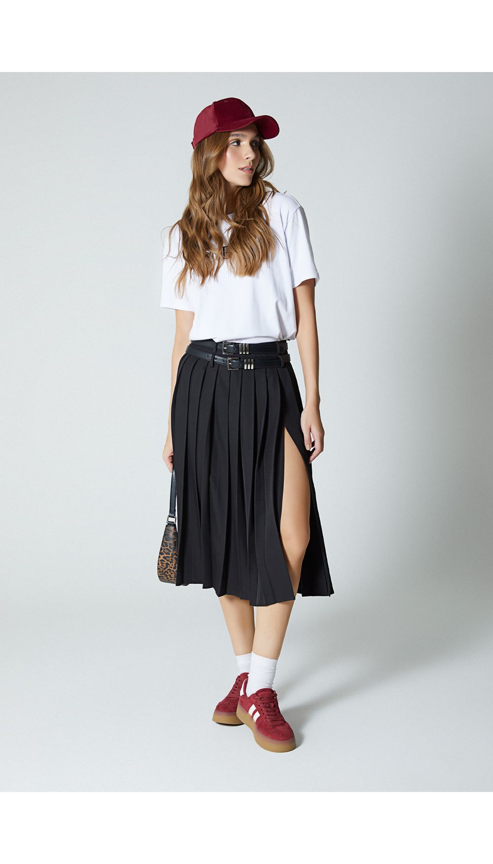 Falda midi plisada con doble correa para mujer