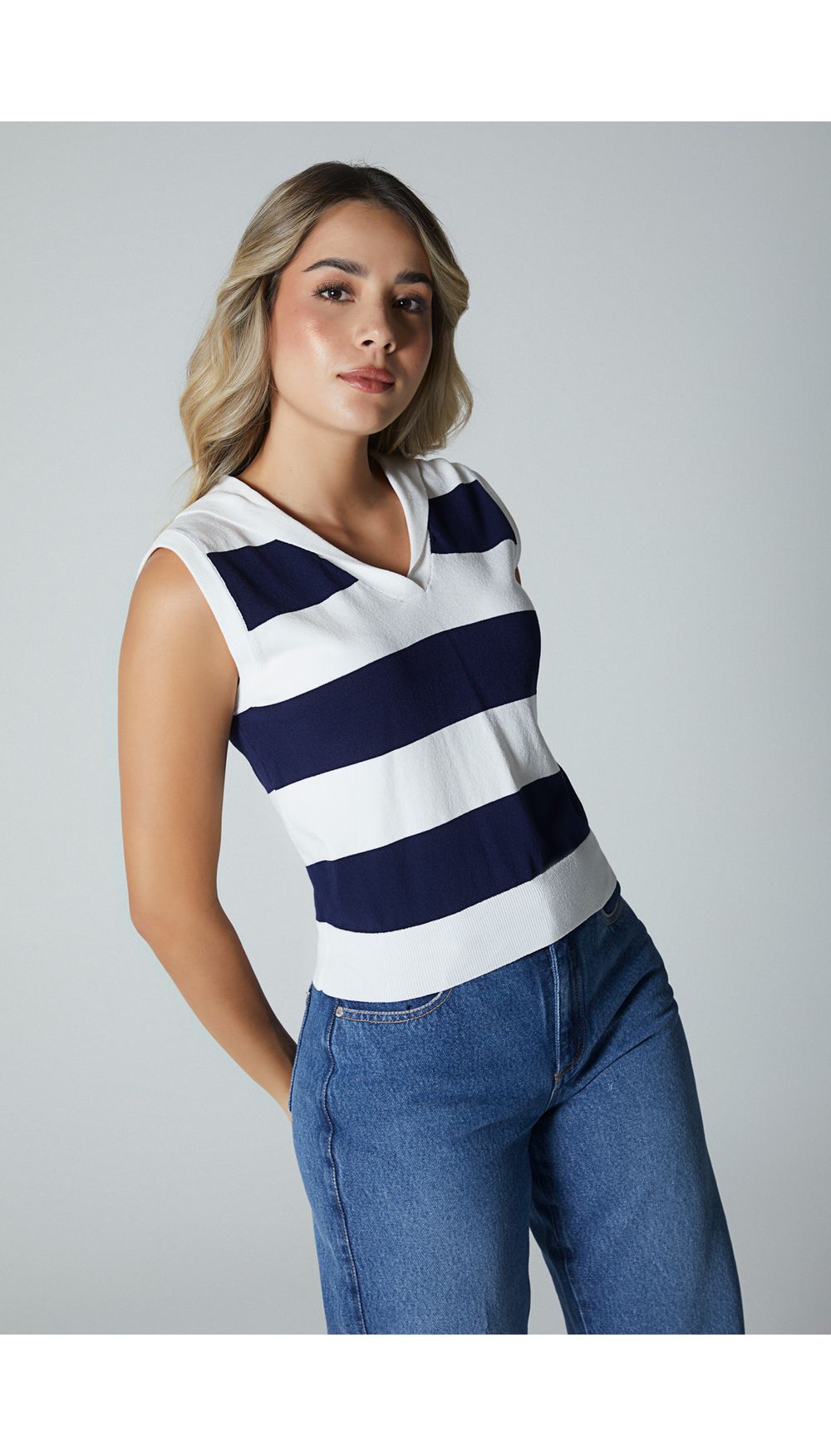 Blusa manga sisa tejida con cuello marinero para mujer