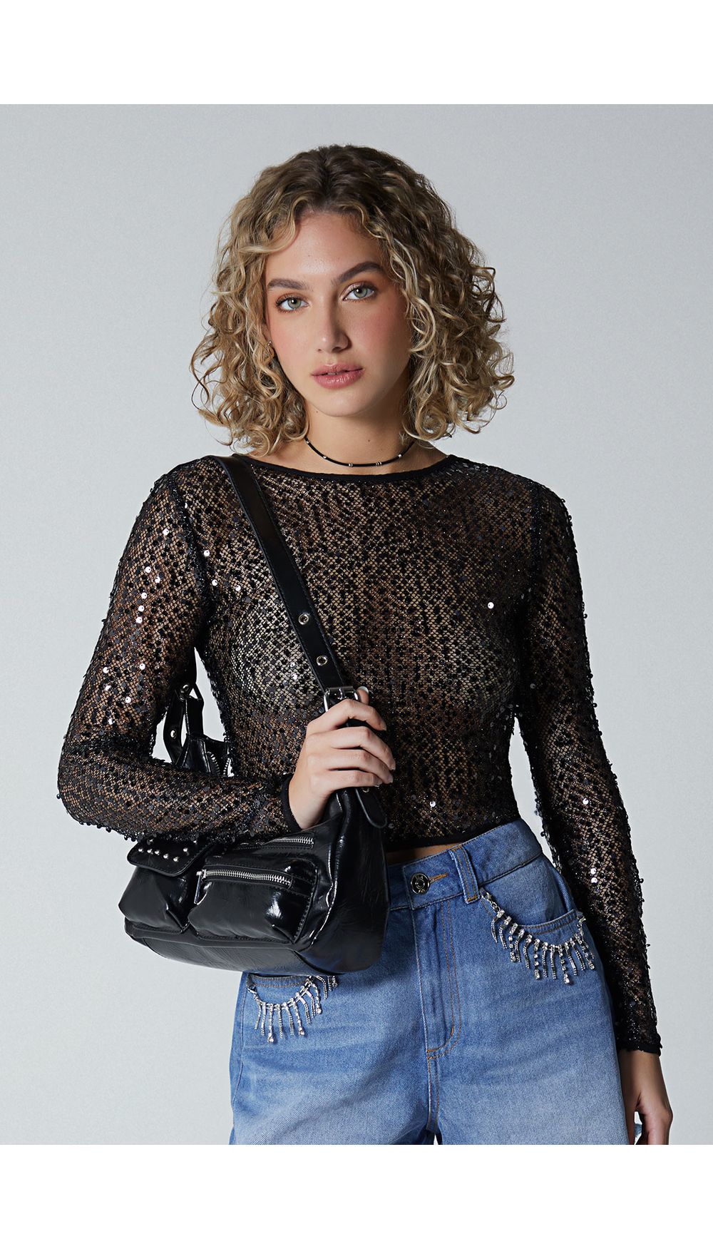 Blusa manga larga en malla con lentejuela para mujer