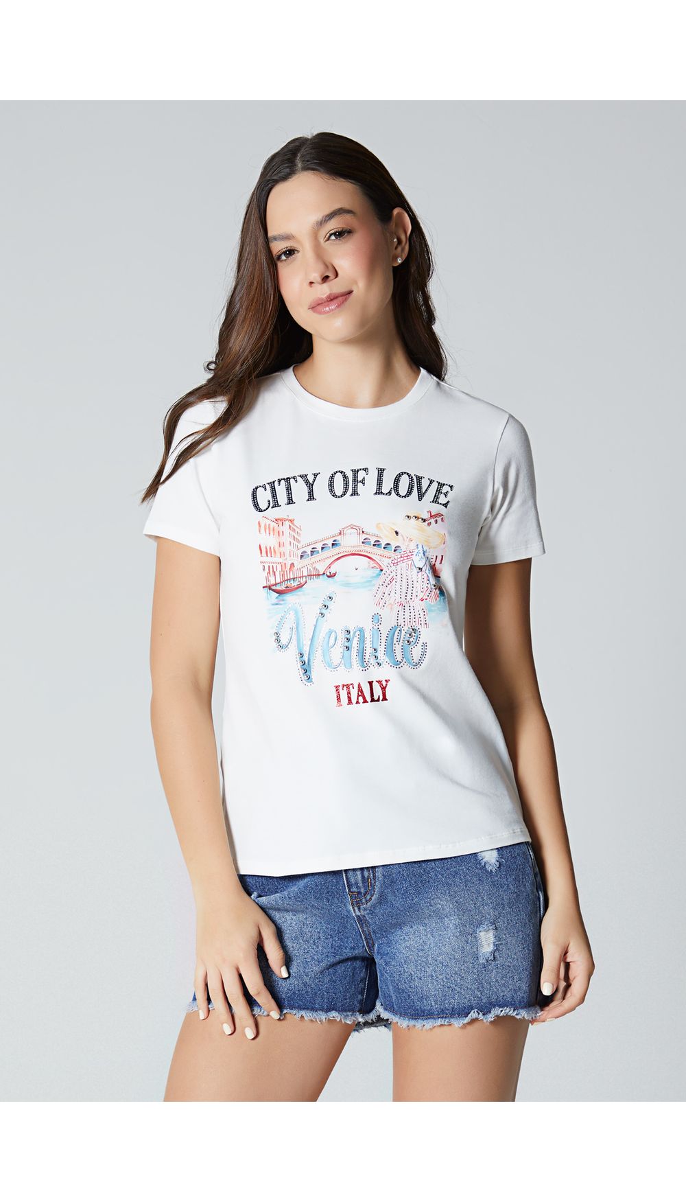 Camiseta estampada con apliques para mujer