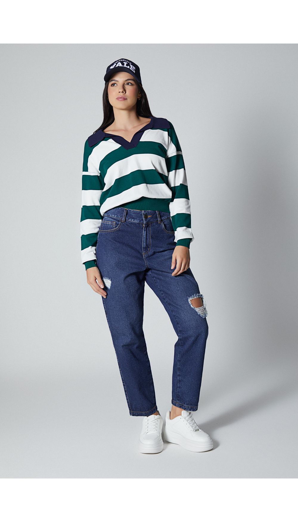Blusa tejida manga larga con cuello para mujer
