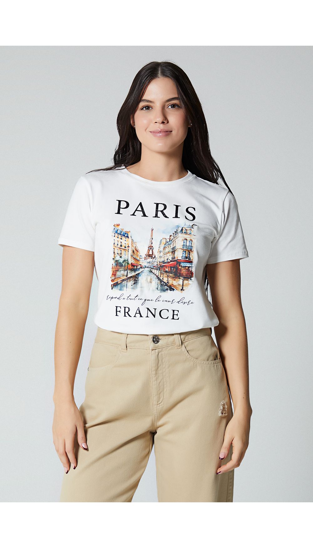 Camiseta estampada con apliques para muj