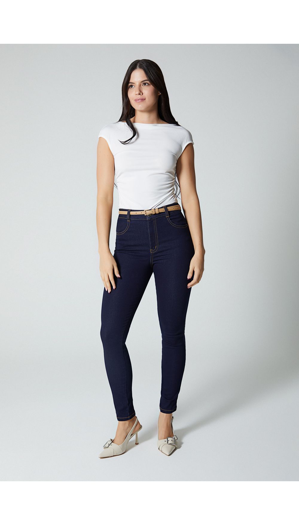Jean para mujer tiro alto skinny con correa