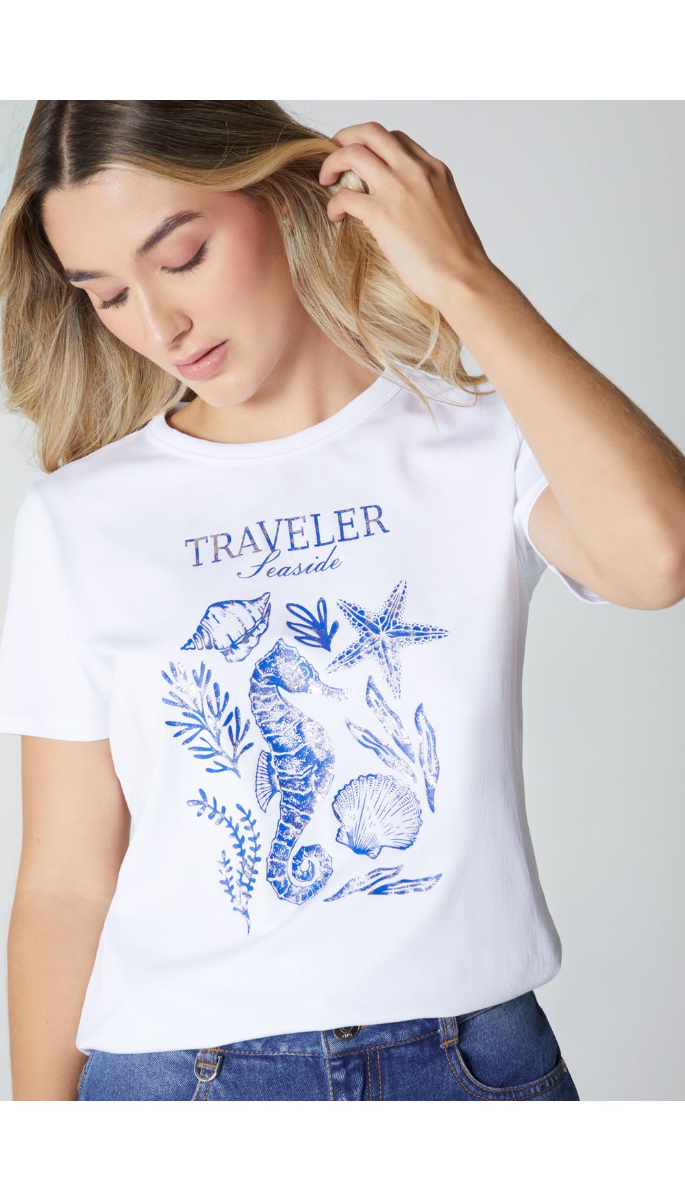 Camiseta para mujer estampada manga corta con detalle de foil