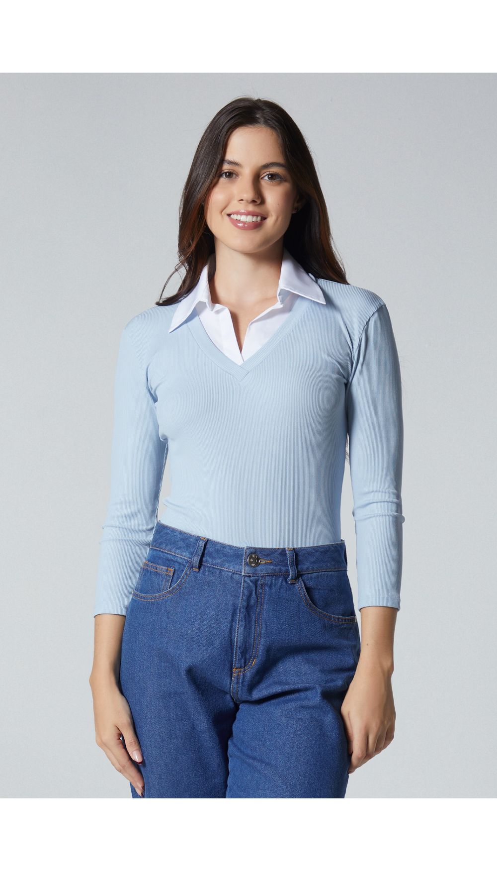 Blusa manga larga con cuello en contraste para mujer