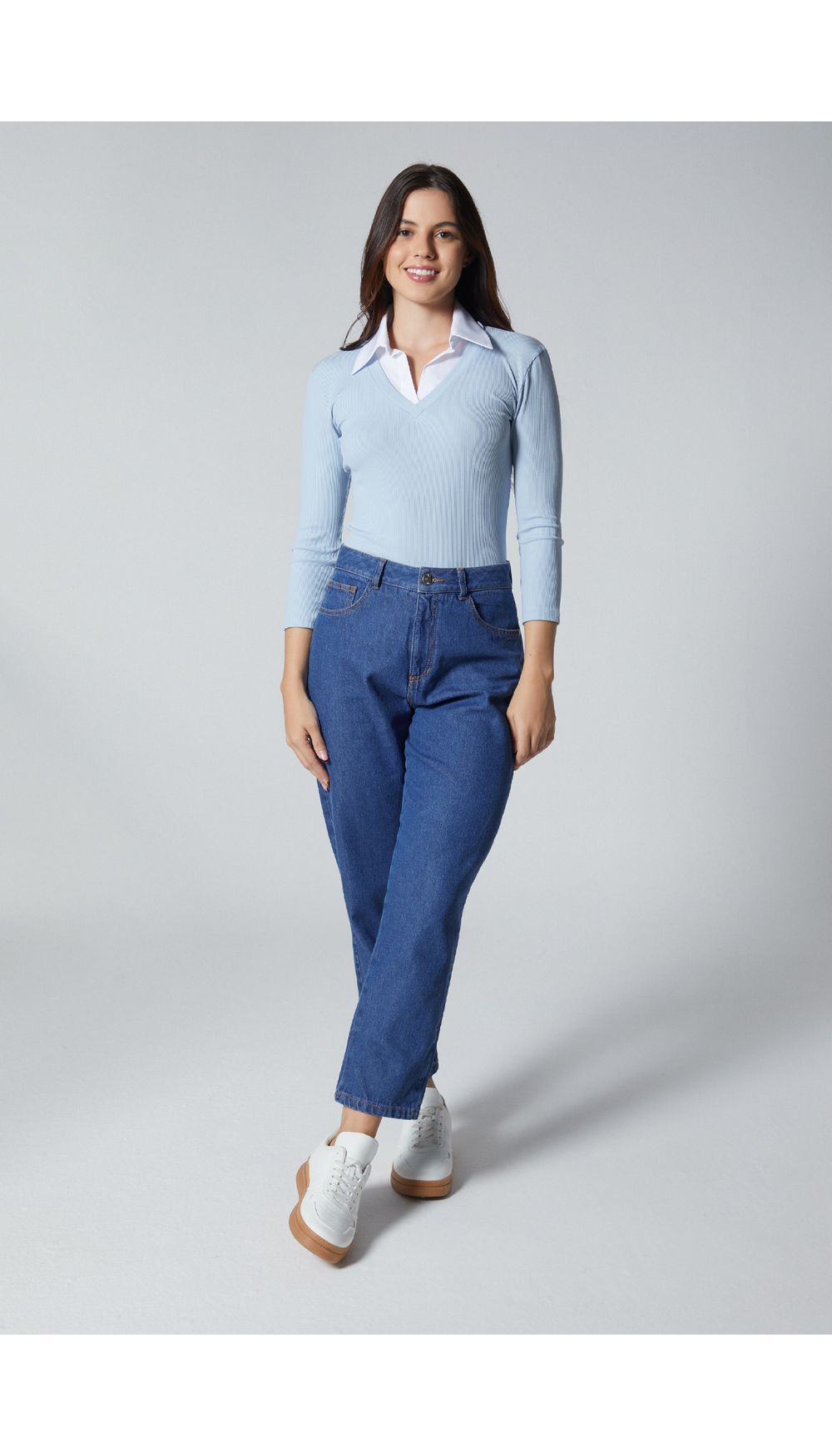 Blusa manga larga con cuello en contraste para mujer