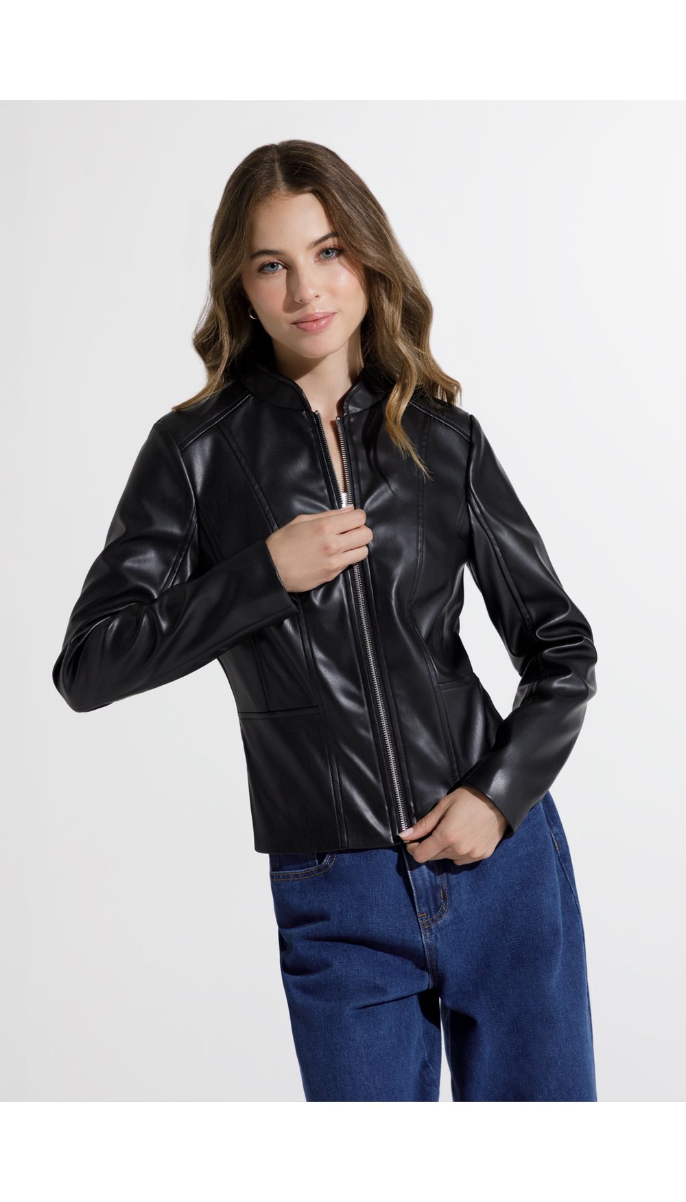 Chaqueta para mujer basica en pu de cierre frontal