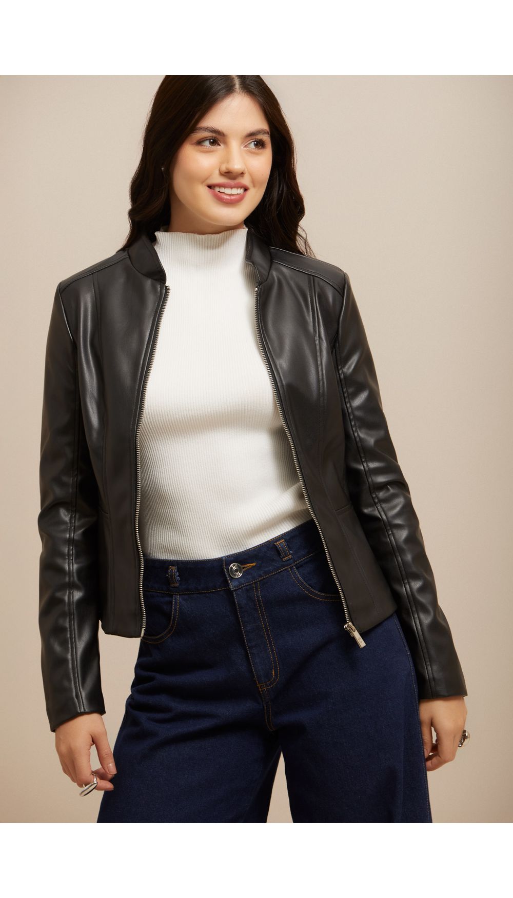 Chaqueta para mujer basica en pu de cierre frontal