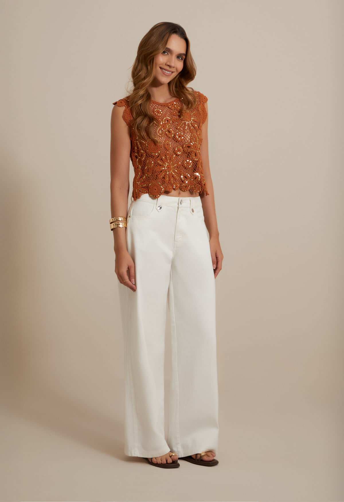 Blusa manga sisa bordada  para mujer s camel - Imagen principal